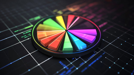 A digital pie chart with multicolored segments, glowing slightly against a dark grid background, conveying a high-tech financial data conceptの素材