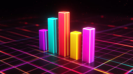 A dynamic D bar graph with multicolored bars arranged in a rising trend, displayed on a digital grid background with glowing highlightsの素材