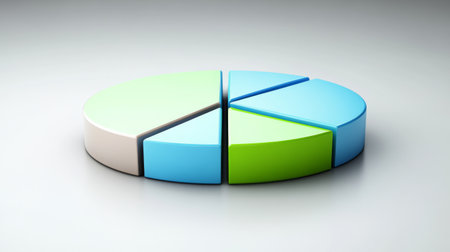 A dynamic pie chart with segmented portions in shades of blue and green, placed on a minimalist gray background, illustrating financial distributionの素材