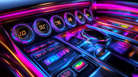 A dramatic close-up of a car's dashboard with a sound system control panel and speakers, lit by colorful ambient lights, creating an inviting atmosphereの素材