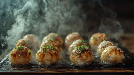 A dynamic image of takoyaki balls sizzling on a hot griddle, with a smoky background and steam rising, capturing the essence of street food preparationの素材