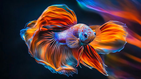 A dramatic image of a betta fish flaring its fins, displaying its vibrant colors and aggressive posture, set against a dark background for high contrastの素材
