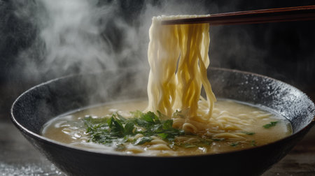 A dynamic shot of noodles being pulled from a bowl of hot broth, with steam rising and fresh herbs floating on top, emphasizing the deliciousness of the dishの素材