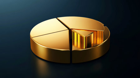 A golden pie chart with sleek metallic segments, set on a dark gradient background, representing investment proportions in goldの素材