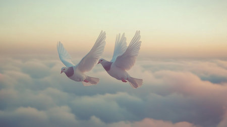 A dynamic photograph of two doves soaring through the air together, with their wings in motion against a backdrop of soft clouds, illustrating the spirit of loveの素材