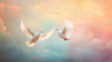 A dynamic photograph of two doves soaring through the air together, with their wings in motion against a backdrop of soft clouds, illustrating the spirit of loveの素材