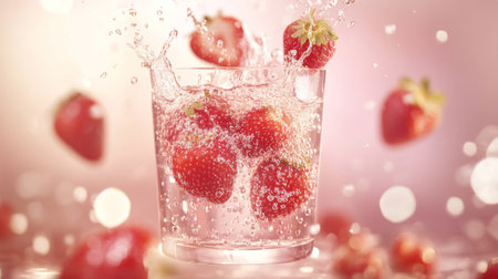 A dynamic shot of strawberries falling into a glass of sparkling water, creating splashes and bubbles, illustrating a refreshing beverage conceptの素材
