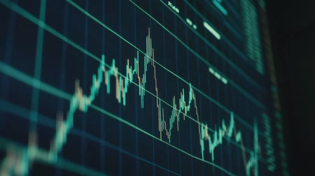 A financial stock market graph with fluctuating lines and bar indicators, set against a deep blue background with glowing data points and gridlinesの素材