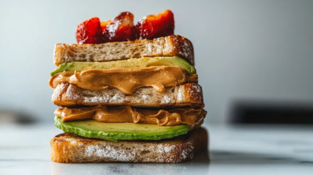 A dynamic shot of a stack of toast with a variety of spreads, including avocado, peanut butter, and jam, set on a marble countertop, inviting a delightful brunchの素材
