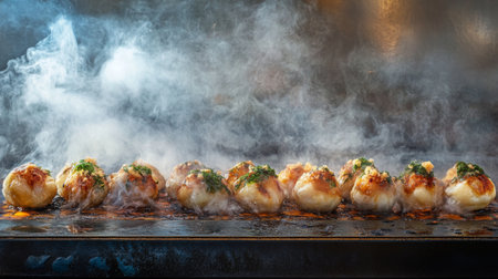 A dynamic image of takoyaki balls sizzling on a hot griddle, with a smoky background and steam rising, capturing the essence of street food preparationの素材