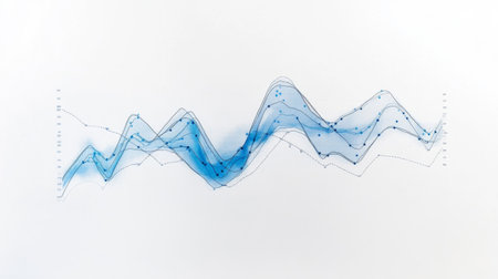 A minimalist line graph with a continuous upward trend in blue against a white background, highlighting key financial milestones in a clean layoutの素材