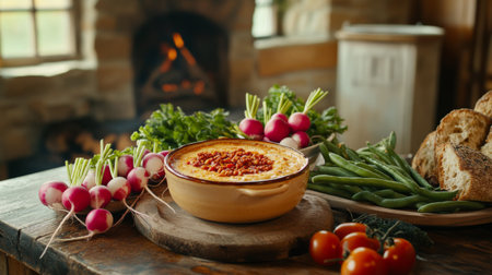 A dynamic shot showcasing a variety of fresh vegetables, such as radishes, green beans, and cherry tomatoes, beautifully arranged around a bowl of chili dip on a rustic tableの素材