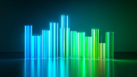 A high-tech D bar graph with glowing neon bars in shades of blue and green, on a reflective surface, creating a modern, futuristic data lookの素材