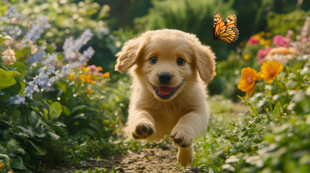 A fluffy puppy chasing a butterfly in a sunlit garden, with its eyes wide open in excitement, surrounded by vibrant flowers and greeneryの素材