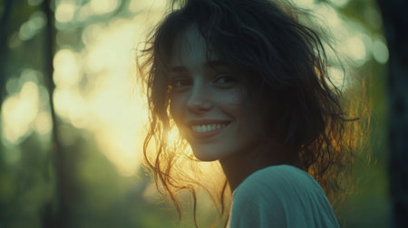 A graceful shot of a woman with wavy hair cascading over her shoulder, with a soft smile that radiates warmth and approachability in a natural environmentの素材
