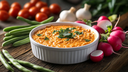A dynamic shot showcasing a variety of fresh vegetables, such as radishes, green beans, and cherry tomatoes, beautifully arranged around a bowl of chili dip on a rustic tableの素材