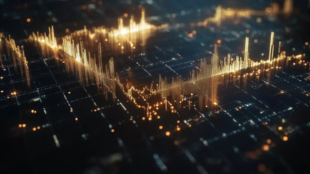 A financial chart with a golden price trend line and glowing data points, set on a dark grid background, symbolizing the movement of gold prices in a high-end formatの素材