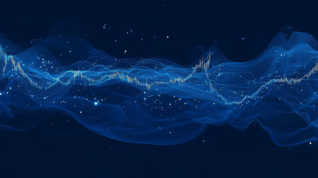A financial stock market graph with fluctuating lines and bar indicators, set against a deep blue background with glowing data points and gridlinesの素材