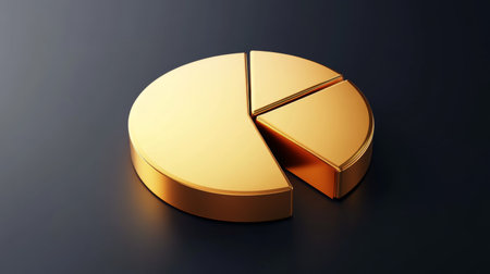 A golden pie chart with sleek metallic segments, set on a dark gradient background, representing investment proportions in goldの素材