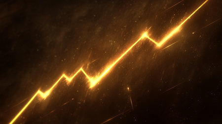 A gold price line graph with a golden upward trend line, set against a dark background with glowing highlights and grid lines for a high-value lookの素材
