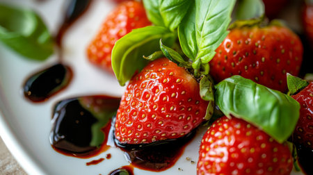 A close-up of strawberries on a white ceramic dish, with a drizzle of balsamic glaze and sprigs of fresh basil, presenting an elegant gourmet dishの素材