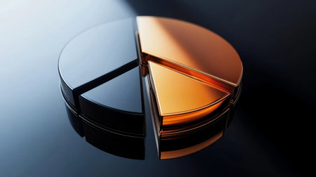 A D pie chart in warm and cool tones, floating slightly above a reflective black surface, creating a sophisticated, data-centric designの素材