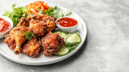A cozy scene featuring fried chicken served with fresh vegetables and dipping sauces on a white plate, inviting viewers to enjoy a delicious mealの素材