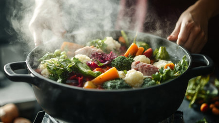 Detailed shot of a hot pot filled with vibrant vegetables, tender slices of meat, and aromatic herbs, captured with steam rising from the simmering broth.の素材