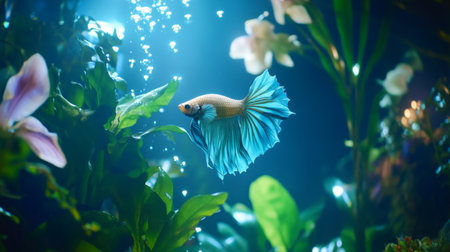 A gold and blue Siamese fighting fish swimming in a well-lit aquarium with bubbles rising, capturing the movement and elegance of the speciesの素材