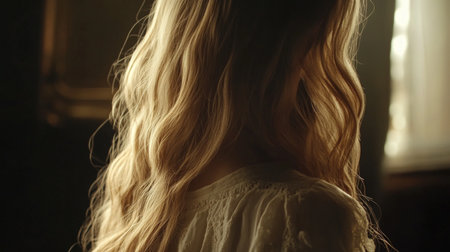 A close-up of a woman with long, flowing waves cascading down her shoulders, illuminated by soft natural light, showcasing the elegance of her hairstyleの素材