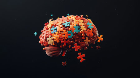 A creative image of a brain composed of puzzle pieces, symbolizing the complexity of thoughts and emotions, set against a contrasting dark backgroundの素材