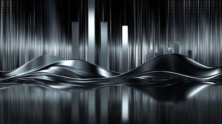 A digital bar graph with sleek, metallic colors, displayed on a black reflective background, with lines and highlights creating depthの素材