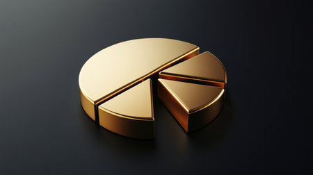 A golden pie chart with sleek metallic segments, set on a dark gradient background, representing investment proportions in goldの素材