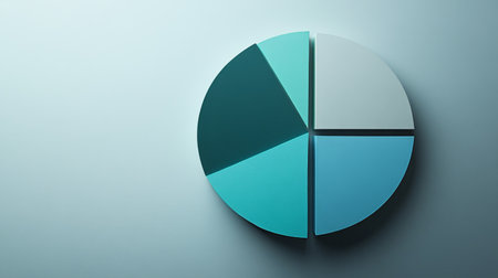 A dynamic pie chart with segmented portions in shades of blue and green, placed on a minimalist gray background, illustrating financial distributionの素材