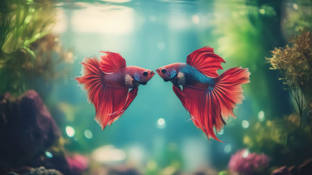 A pair of Siamese fighting fish facing each other with fins fully spread, captured in a moment of tension and beauty, with a blurred aquarium backgroundの素材