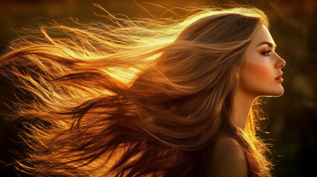 A profile shot of a woman with long hair flowing in the wind, her face illuminated by the golden light of sunset, creating a dreamy and ethereal effectの素材