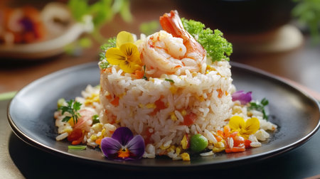 A picturesque view of shrimp fried rice arranged with colorful edible flowers, showcasing an artistic presentation that enhances its visual appealの素材