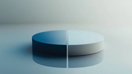 A minimalist pie chart with white and blue sections, slightly separated on a reflective gray background, giving a clean, elegant appearanceの素材