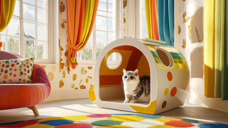 A playful cat house shaped like a camper van with colorful accents, positioned in a cheerful, brightly lit room with a playful designの素材