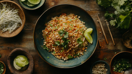 A serene dining scene featuring a beautifully arranged bowl of noodles, surrounded by fresh garnishes like cilantro and lime, creating an inviting atmosphereの素材