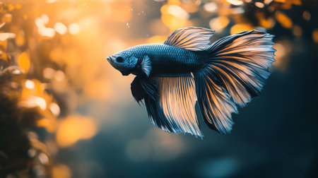 A serene shot of a betta fish swimming near a glass wall of its aquarium, with reflections and light creating a beautiful interplay of colorsの素材
