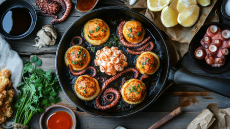 A rustic setting featuring a skillet of freshly cooked takoyaki, surrounded by ingredients like octopus, batter, and sauce, emphasizing the cooking processの素材