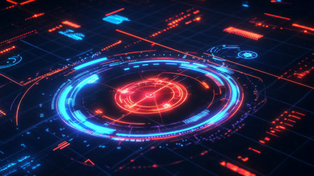 A radar chart in neon colors on a dark grid background, with lines and points showing data intersections, creating a modern tech feelの素材