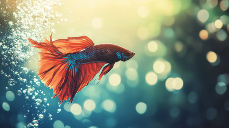 A serene underwater scene featuring a betta fish exploring its habitat, with bubbles rising and colorful decorations enhancing the visual appeal of the tankの素材