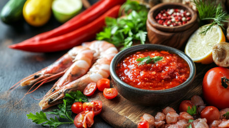 A serene image of sweet fish sauce dip in a small bowl, placed on a rustic wooden board, with fresh seafood and vegetables artfully arranged around itの素材