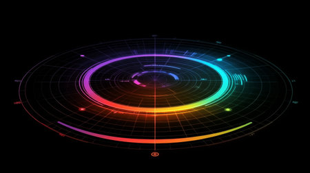 A radar chart in neon colors on a dark grid background, with lines and points showing data intersections, creating a modern tech feelの素材
