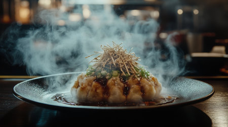 A steaming plate of golden-brown takoyaki balls drizzled with savory sauce and topped with bonito flakes and green onions, served on a dark wooden tableの素材