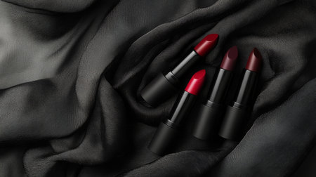 A visually appealing arrangement of lipsticks in different shapes and sizes, set against a textured fabric background that adds depth to the compositionの素材