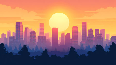A tranquil image of a sunset casting warm hues over a city skyline, with tall buildings silhouetted against the colorful sky, creating a serene urban atmosphereの素材