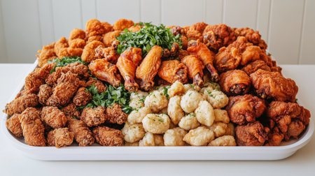 A tempting assortment of fried chicken wings piled high on a white serving platter, garnished with fresh herbs and spices for an inviting lookの素材